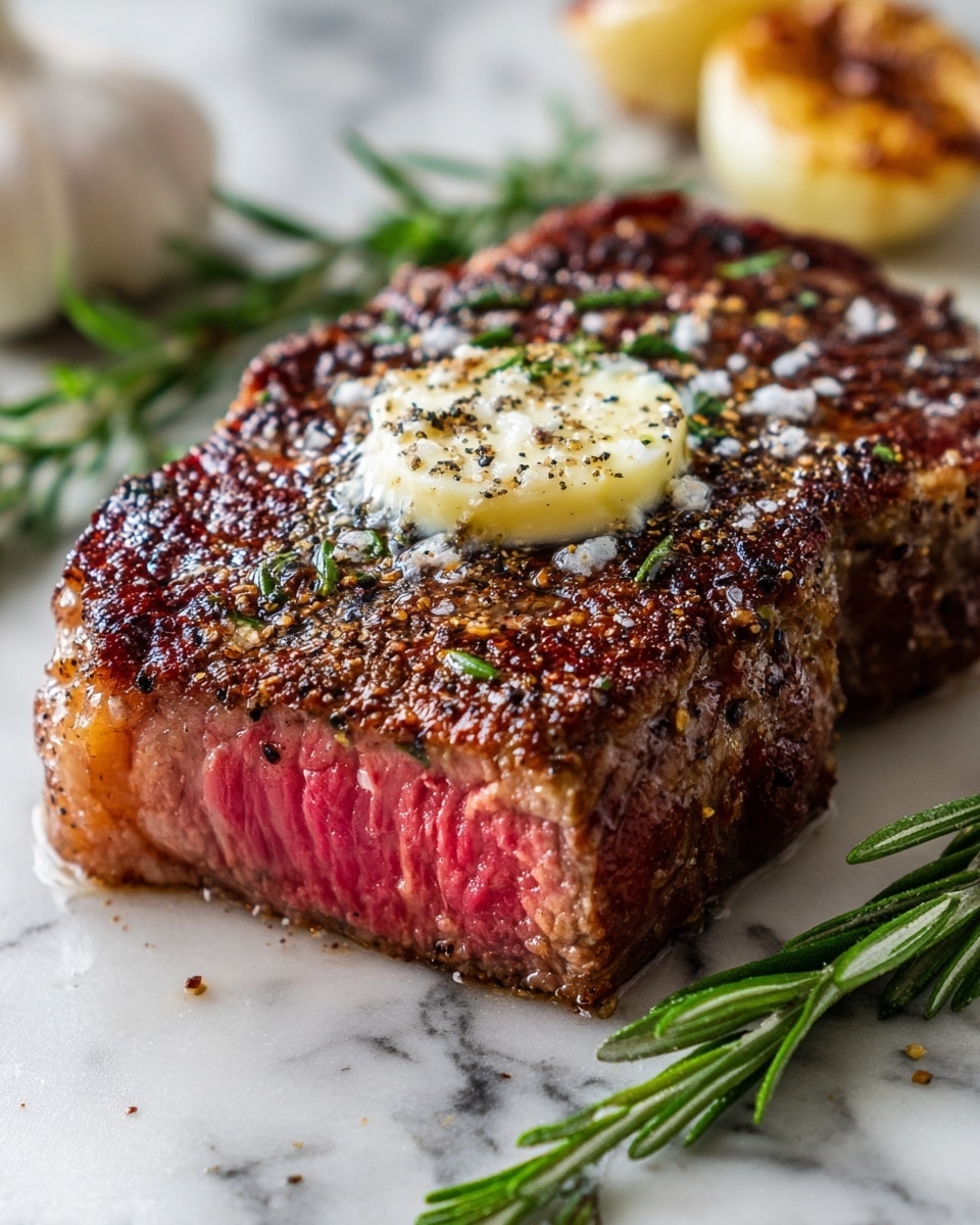 The image shows a thick steak cooked rare, with a rich brown seared crust on the outside and a bright pink, juicy inside. The top of the steak has coarse sea salt and cracked black pepper sprinkled, adding texture. There is a round dollop of creamy butter on the steak, melting slightly and mixed with black pepper flakes. Fresh green rosemary sprigs lay on top and around the steak, adding a fresh touch. The steak sits on a white marbled surface, highlighting the rich colors of the meat and rosemary. In the background, whole garlic cloves with a golden-brown roasted surface add extra detail. The overall look is warm, hearty, and inviting. photo taken with an iphone --ar 4:5 --v 7