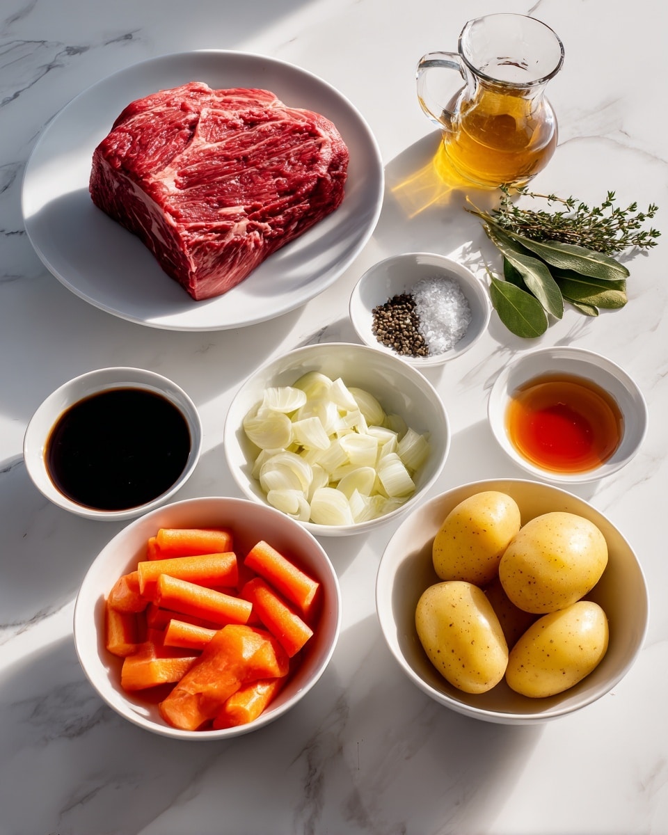 The image shows several small white bowls and a white plate arranged on a white marbled surface. In the bottom left is a white plate with a large piece of raw red marbled beef. To the right are two white bowls filled with yellow baby potatoes and orange carrot sticks. Above, there are bowls with white onion wedges, chopped garlic, black pepper, salt, dark soy sauce, tomato paste, and a small clear glass jug with amber-colored broth. There is also a small white bowl with fresh green bay leaves and thyme sprigs. The items appear cleanly arranged with a bright light source creating soft shadows. photo taken with an iphone --ar 4:5 --v 7