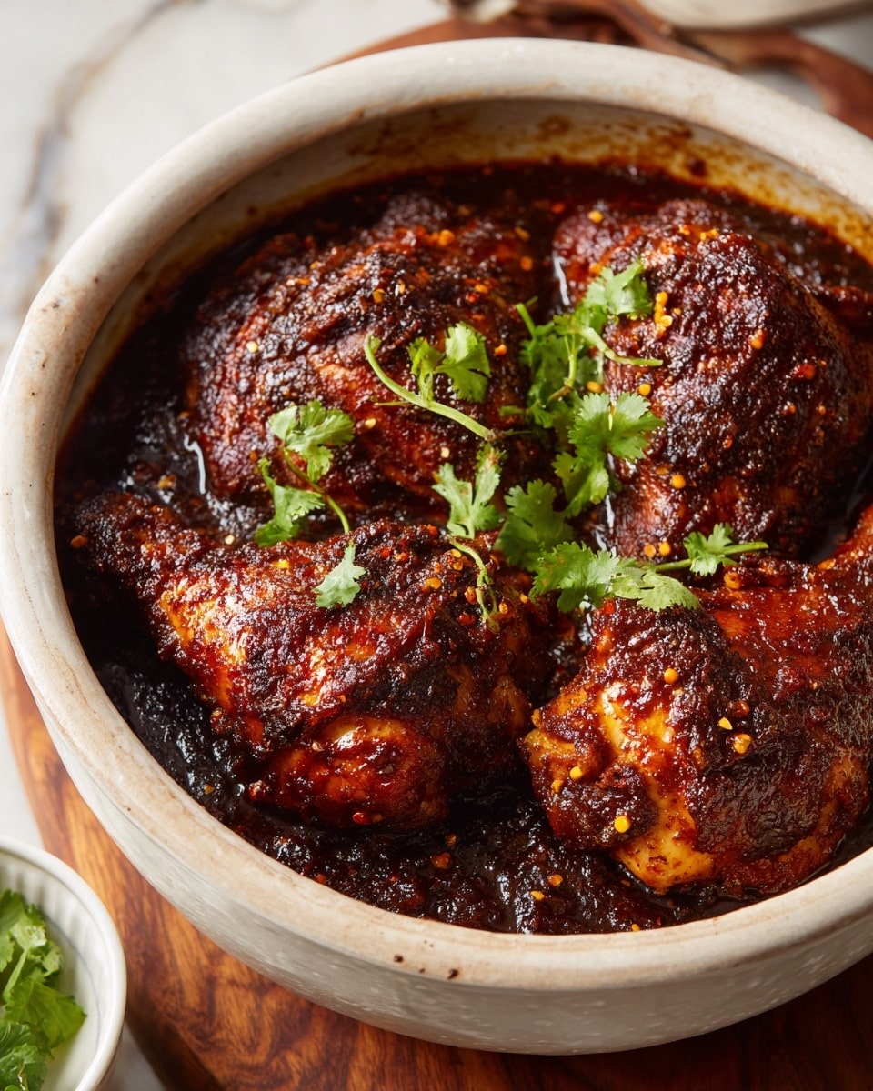 The image shows a close-up of three dark brown cooked chicken pieces in a white ceramic pot filled with thick dark brown sauce. The chicken skin looks crispy and seasoned with visible small spices and charred spots. The pot is set on a wooden surface with a white marbled texture nearby. A white bowl with some green garnish is partly visible on the bottom left edge of the frame. photo taken with an iphone --ar 4:5 --v 7