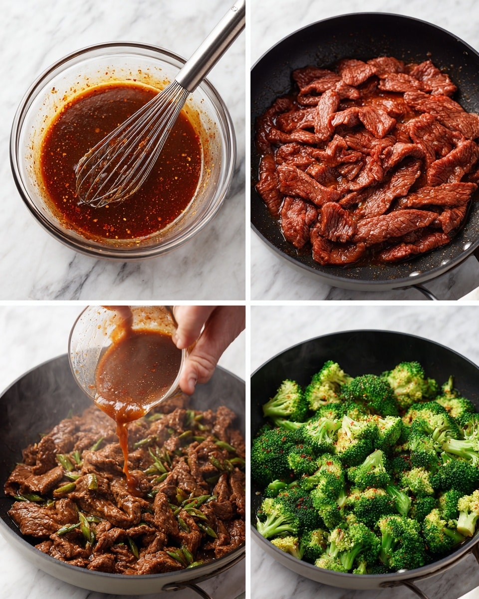 A sequence showing the making of beef and broccoli stir-fry starts with a glass bowl of thick, reddish-brown sauce with visible spices and a silver whisk resting inside on a white marbled surface. Next is a large black pan full of raw, thin slices of red beef with white fat streaks. The third image shows the beef cooked to a brown color, spread evenly in the pan. In the fourth, a woman's hand pours the reddish-brown sauce over the browned beef in the pan. The fifth image shows the beef simmering in the sauce with steam rising. Then, fresh bright green broccoli florets are piled over the beef and sauce in the pan. Finally, the fully cooked dish of beef and broccoli is mixed, showing tender brown beef slices blended with steamed green broccoli pieces and a glossy sauce coating everything inside the black pan. Photo taken with an iphone --ar 4:5 --v 7