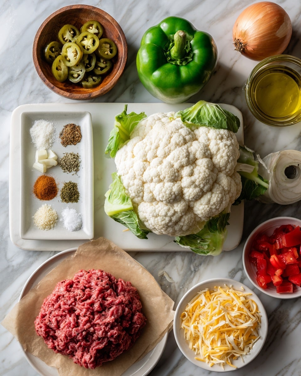 A white marble board in the center holds a whole fresh white cauliflower with green leaves at the bottom and a shiny green bell pepper on top. To the left, a small wooden bowl filled with chopped garlic sits next to a small white plate with five spice piles: white salt, greenish dried herb, light brown, dark red, and tan powders. Above them, a white bowl contains sliced green jalapenos. To the right, a small clear glass container holds golden oil, next to a white bowl filled with shredded yellow cheddar cheese. At the bottom right, a white bowl has red diced tomatoes, and next to it, a whole light brown onion rests on the white marbled surface. At the bottom left, a white plate with brown parchment holds raw red ground beef. The background is a white marbled surface, photo taken with an iphone --ar 4:5 --v 7