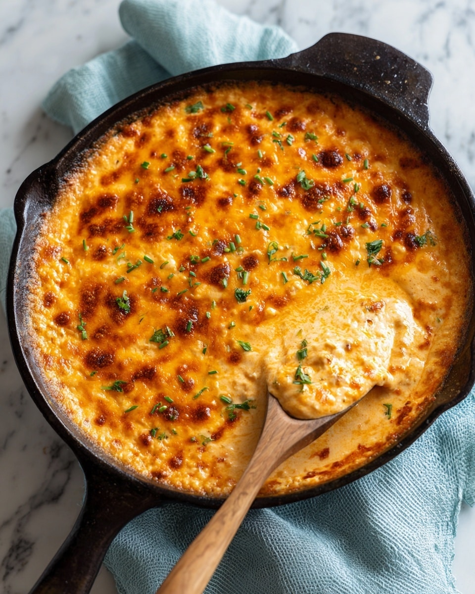 The image shows a cast iron skillet filled with a creamy, orange-colored cheesy dip with a slightly browned top layer. The cheese layer is bubbly and melted, with small bits of green garnish scattered on top, adding a touch of color contrast. A wooden spoon rests inside the skillet, partially dipped into the creamy layer, revealing a smooth, rich texture underneath. The skillet sits on a white marbled surface with a light blue cloth nearby, enhancing the warm, inviting look of the dish. Photo taken with an iphone --ar 4:5 --v 7