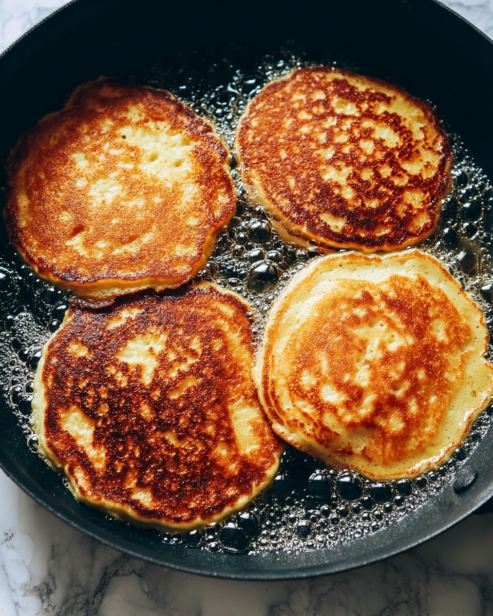 The image shows four golden brown pancakes frying in a black pan filled with bubbling oil. Each pancake has a slightly rough, crispy texture with uneven edges, and the top surfaces are well browned with patches of lighter and darker spots. The pancakes are close to each other, floating in shiny oil that reflects light. The pan's black surface contrasts with the warm colors of the pancakes. The background is a white marbled texture. Photo taken with an iphone --ar 4:5 --v 7