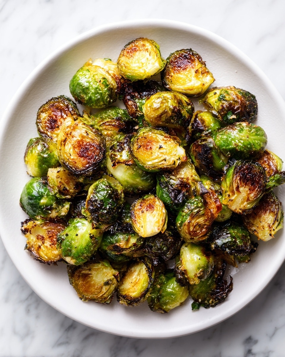 A white plate filled with many roasted Brussels sprouts that are golden brown and green, showing a crispy texture. The sprouts have some darker charred spots, giving a crunchy look. The plate sits on a white marbled surface. photo taken with an iphone --ar 4:5 --v 7