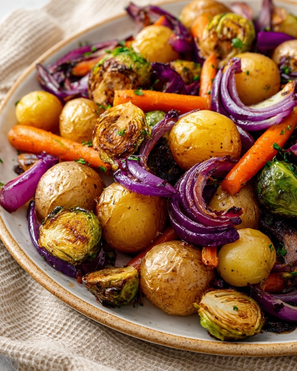 The dish is arranged on a white plate with a light textured pattern. It has two main layers: the first layer consists of small roasted golden potatoes and halved Brussels sprouts with a slightly browned surface, spread evenly across the plate. The second layer features thin slices of roasted red onions and small peeled carrot sticks placed among the potatoes and Brussels sprouts, adding accents of purple and vibrant orange. The vegetables show slight caramelization and crisp edges. The white marbled background makes the colors of the vegetables stand out clearly. photo taken with an iphone --ar 4:5 --v 7