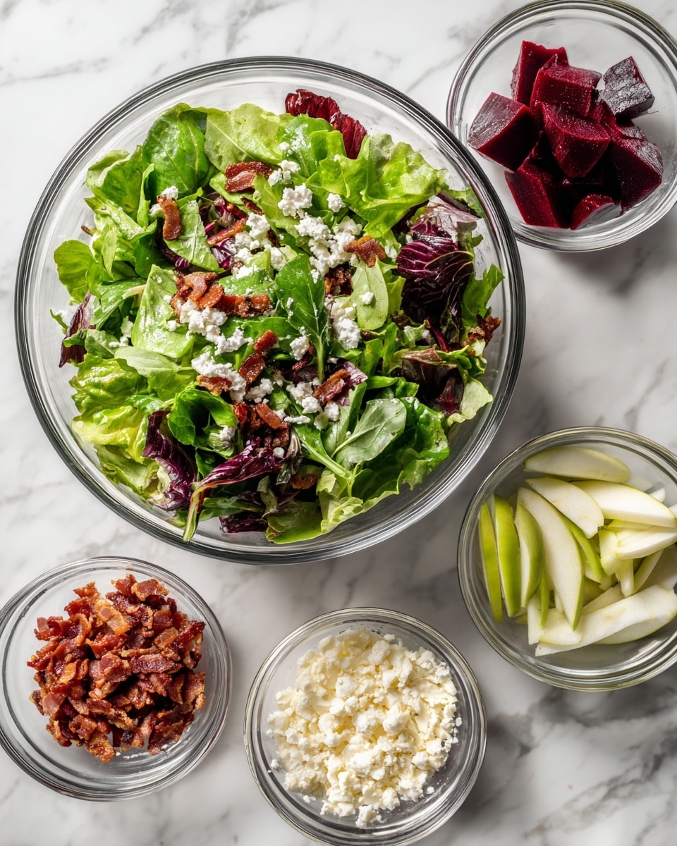 A clear glass bowl filled with a mix of fresh green and purple leafy salad sits on a white marbled surface, surrounded by four small clear glass bowls. The small bowls contain crispy brown bacon bits, white crumbled cheese, pale green apple slices, and dark red beet pieces, all neatly arranged around the salad bowl. The colors of the ingredients are bright and natural, showing fresh textures. Photo taken with an iphone --ar 4:5 --v 7