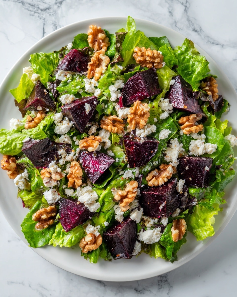 The image shows a fresh salad on a white plate placed on a white marbled surface. The salad has three main layers: the base layer is made of bright green lettuce leaves, the middle layer has dark purple beet chunks scattered evenly, and the top layer is covered with light brown walnut pieces and small white cheese crumbles spread throughout. The colors contrast well, with the green, purple, and light brown creating a fresh and natural look. photo taken with an iphone --ar 4:5 --v 7