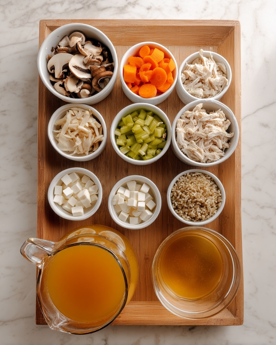 The image shows a wooden tray with nine small white bowls arranged in three rows of three. Each bowl holds different ingredients: sliced mushrooms with brown and white tones in the top left bowl, bright orange carrot slices in the top middle bowl, and shredded white chicken pieces in the top right bowl. The middle row has green celery pieces in the center bowl, brown rice in the right bowl, and a bowl of a white powdery ingredient on the left. The bottom row includes a bowl of small white cubes in the middle, a small empty glass bowl on the right, and a large glass jug filled with golden brown broth at the bottom left corner. A white carton of cream sits next to the jug. The tray is placed on a white marbled surface. photo taken with an iphone --ar 4:5 --v 7