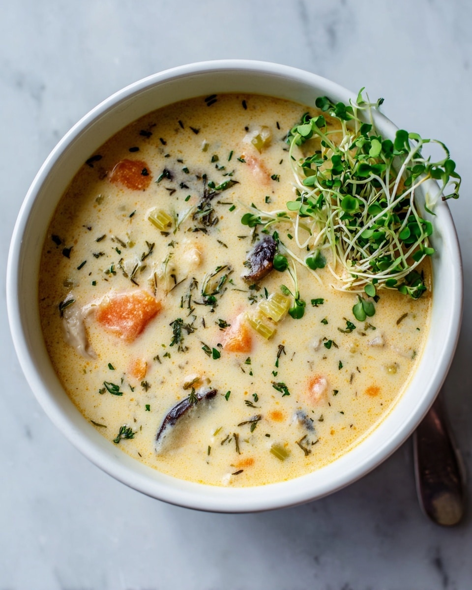 The image shows a creamy soup served in a white bowl on a white marbled surface. The soup has several layers of color and texture: a thick, smooth creamy base with visible pieces of orange carrot and light green celery mixed throughout. Small bits of darker ingredients, possibly mushrooms or herbs, add detail. On the top right side of the soup, there is a small bunch of fresh green sprouts, adding a fresh touch. The bowl’s white color contrasts with the creamy soup inside. Photo taken with an iphone --ar 4:5 --v 7