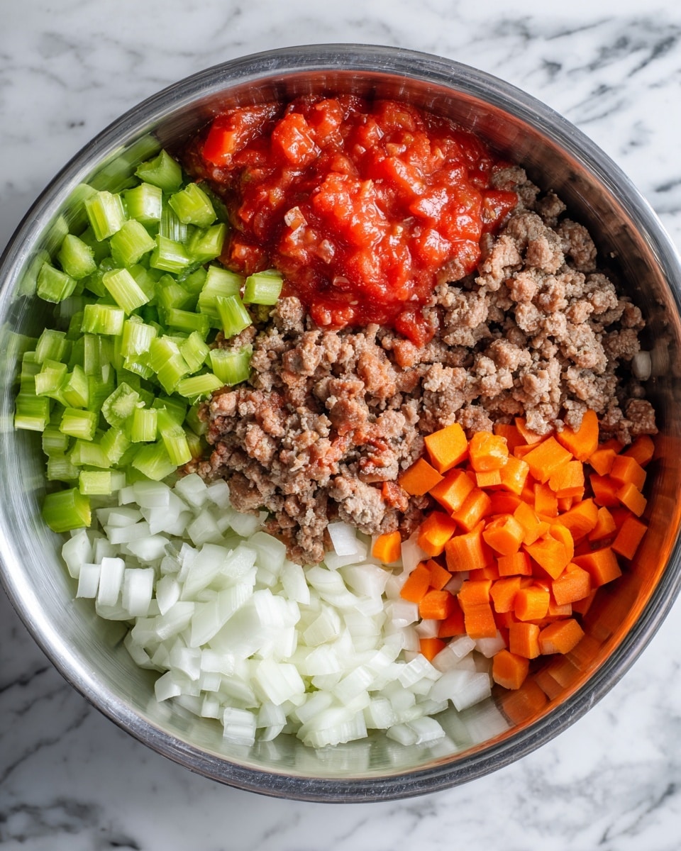 The image shows a close-up of a metal bowl with five different chopped ingredients placed separately inside. At the top left, there are small green celery pieces; top center has red crushed tomatoes; top right has brown ground meat; bottom right shows small orange carrot cubes; and bottom left has finely chopped white onions. All ingredients are fresh and colorful, sitting side by side in the bowl without mixing. The background is a white marbled texture photo taken with an iphone --ar 4:5 --v 7