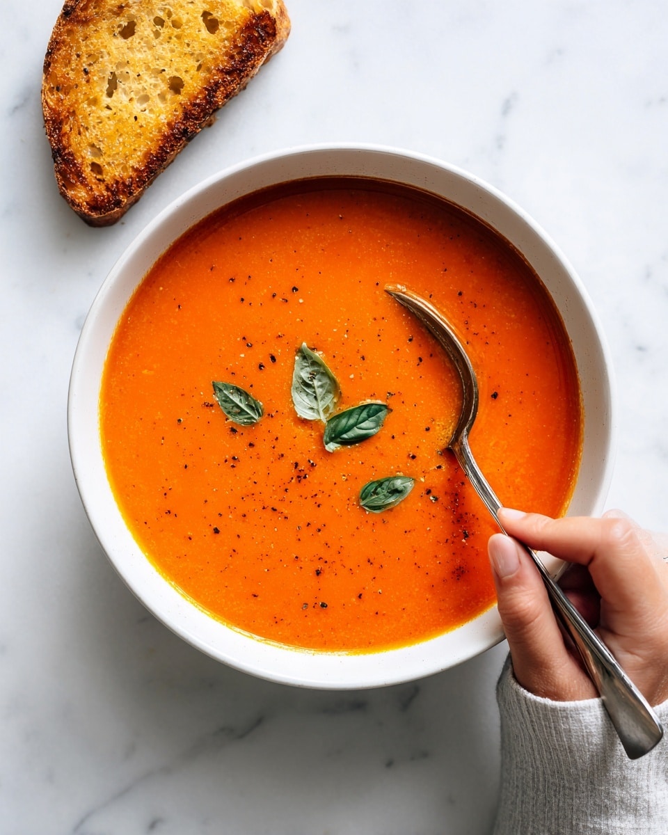 A white bowl filled with creamy orange tomato soup with small green basil leaves floating on top in the center. A silver spoon rests inside the bowl, with a woman’s hand holding the spoon handle. The bowl sits on a white marbled surface, and in the top left corner, there is a piece of toasted bread with a golden brown crust. The soup has a smooth texture with tiny bubbles and specks of seasoning visible. photo taken with an iphone --ar 4:5 --v 7