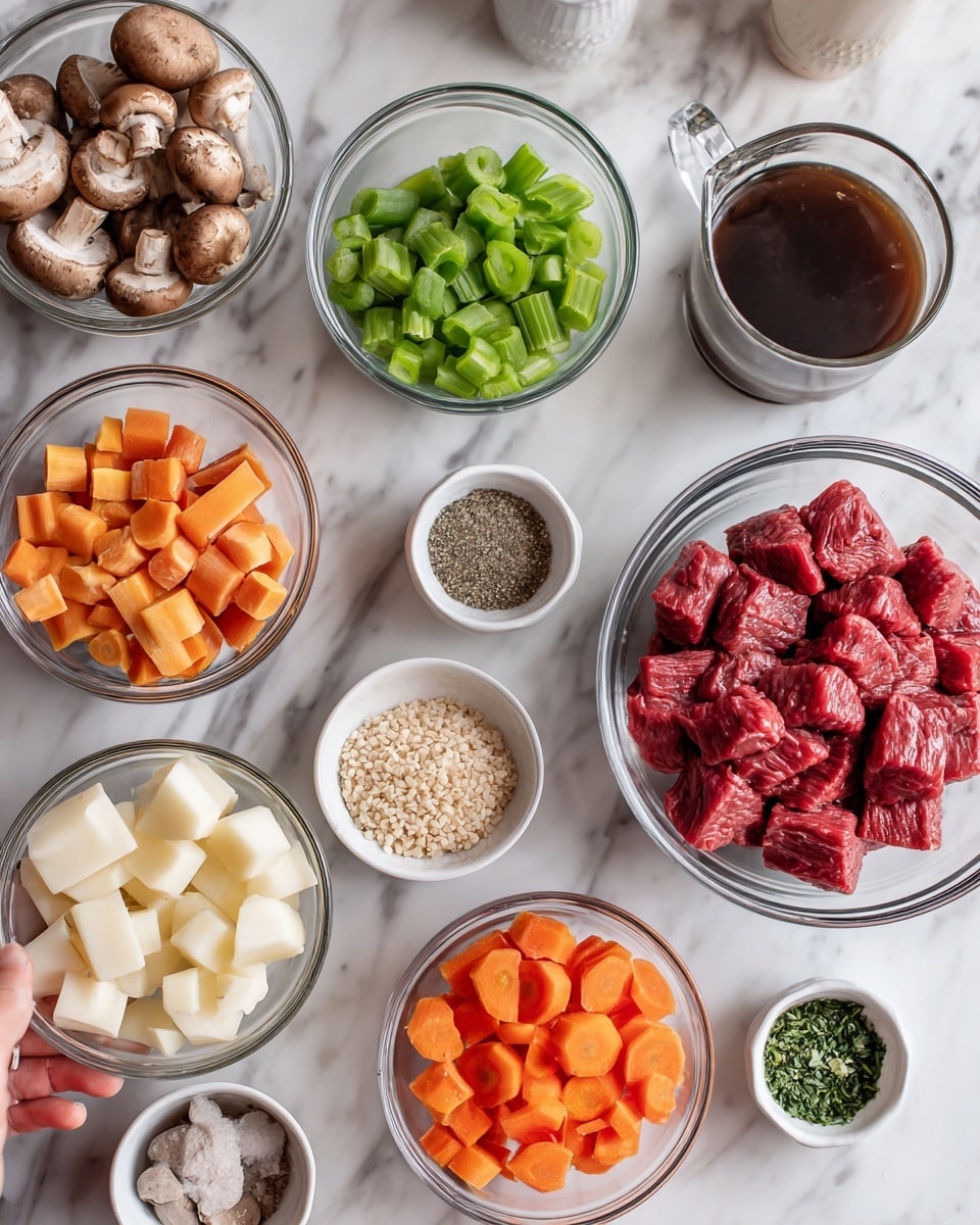 The image shows several small clear glass bowls and white dishes arranged on a white marbled surface, each filled with separate ingredients for cooking. In the center, there is a large bowl with red raw beef chunks. Surrounding it are smaller bowls with sliced orange carrots, chopped green celery, sliced brown mushrooms, cubed white potatoes, minced garlic cloves, dried thyme leaves, salt, black pepper, dried parsley, and a small bowl with dark soy sauce. There is also a clear glass cup filled with dark brown broth and another bowl containing a light tan grain, likely barley. A woman's hand is gently holding one of the smaller bowls. The arrangement is neat and clean, with all ingredients clearly visible. photo taken with an iphone --ar 4:5 --v 7