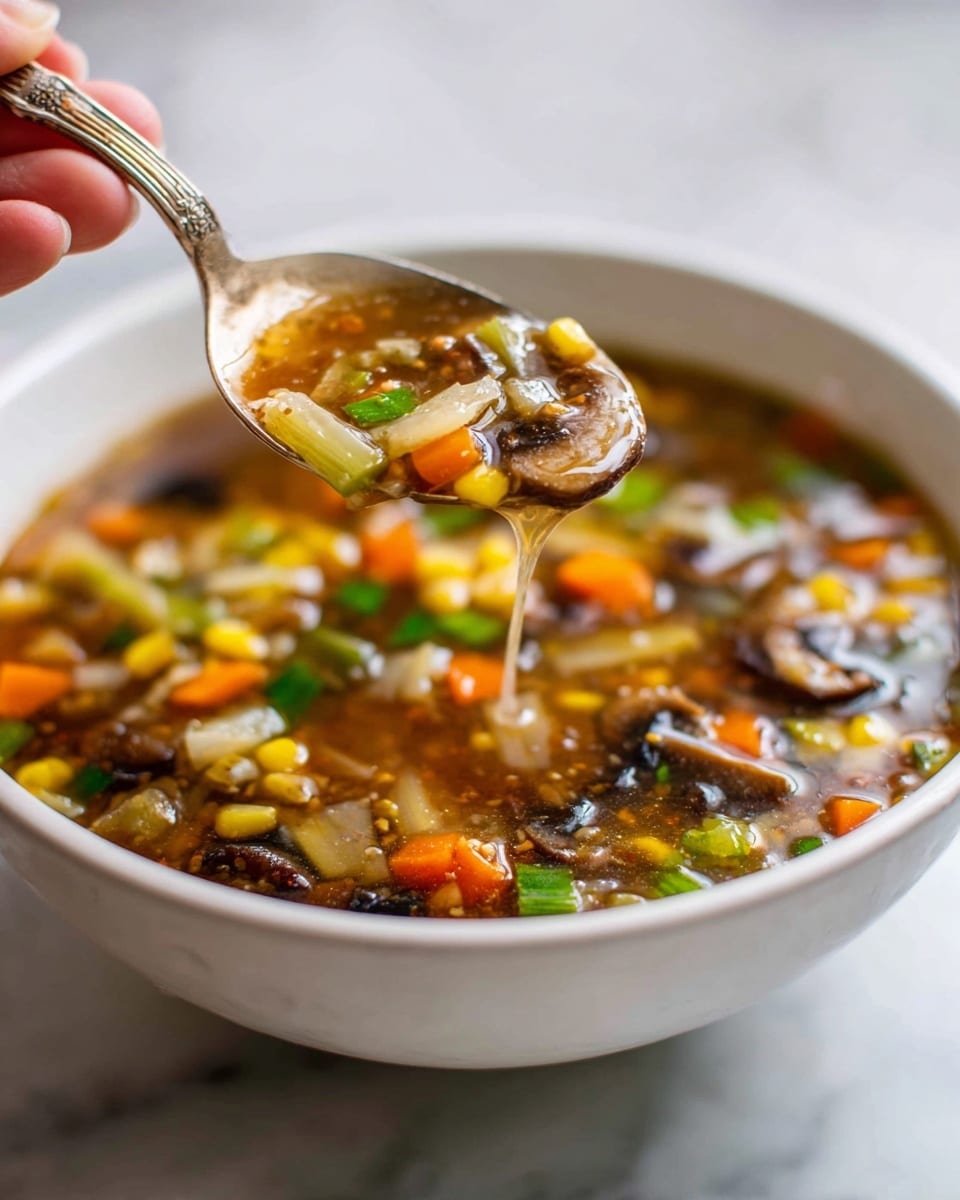 The image shows a close-up of a white bowl filled with thick vegetable soup on a white marbled surface. The soup has multiple layers of ingredients including small diced orange carrots, pale yellow corn, green celery pieces, dark brown mushrooms, and translucent onions in a rich brown broth. A spoon held by a woman's hand dips into the soup, showing a mix of all these colorful vegetables with a slightly shiny, smooth texture. The background is softly blurred to keep focus on the soup and spoon. photo taken with an iphone --ar 4:5 --v 7