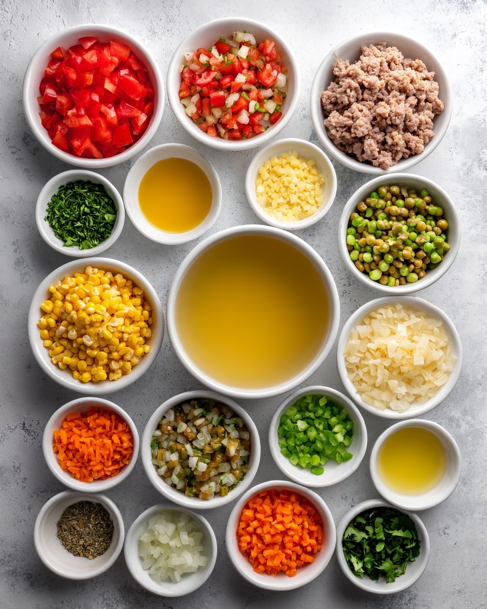 The image shows an overhead view of small white bowls arranged neatly on a white marbled surface, each holding different ingredients. There are 14 bowls in total, containing a variety of colorful elements including chopped red tomatoes, green chopped herbs, diced orange carrots, chopped white onions, yellow corn kernels, green peas, cooked ground meat, small amounts of liquids like oil and broth in tiny bowls, and some yellow and white powders or spices. All the bowls circle around a larger bowl of light yellow broth placed near the center. The colors vary between reds, greens, yellows, oranges, and browns, creating a vibrant and organized scene. photo taken with an iphone --ar 4:5 --v 7