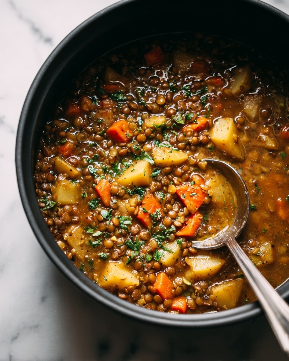A black pot filled with a thick lentil soup, showing many small round brown lentils mixed with chunks of orange carrots, pale yellow potatoes, and bits of green leafy vegetables spread evenly throughout the soup. The broth is a rich brownish-orange color with a slightly glossy texture, and there are small flecks of fresh green herbs sprinkled on top. A large silver ladle is partially submerged on the right side, reflecting light and resting gently in the soup. The pot is placed on a white marbled surface with soft natural lighting highlighting the colors and textures of the dish, photo taken with an iphone --ar 4:5 --v 7