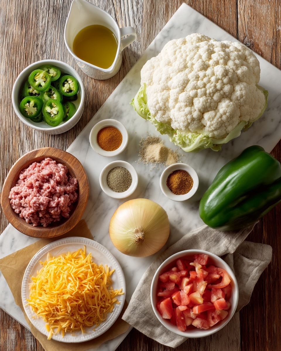 A whole white cauliflower sits in the center on a rectangular marble cutting board with creamy and brown veins, next to a shiny green bell pepper and a small wooden bowl of minced garlic. Around the board on a wooden table lie various white bowls and plates: in the top left, a white bowl holds green sliced jalapenos; below it, a white plate shows five piles of different colored spices including white, green, brown, orange, and mustard yellow; a white plate at the bottom left holds raw ground meat on brown parchment paper; at the bottom center, a whole yellow onion rests on the wooden surface; to the right of the onion, a small white bowl contains bright red diced tomatoes; next to it, a white bowl is full of shredded bright orange cheddar cheese; and in the top right, a small clear glass pitcher holds golden yellow oil. The entire scene is set on a white marbled texture surface beneath the wooden table. photo taken with an iphone --ar 4:5 --v 7