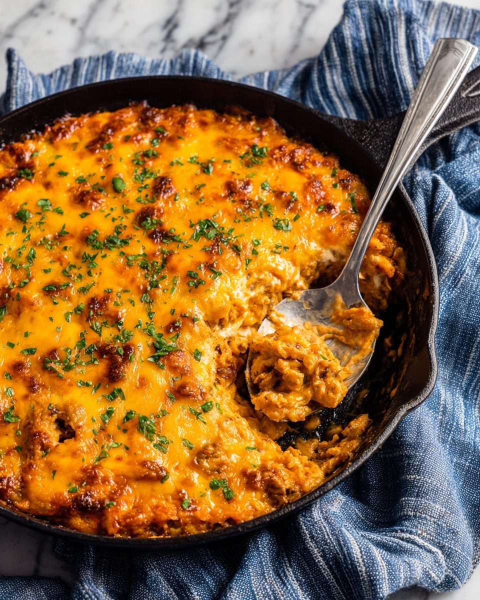 The image shows a black cast-iron skillet filled with a baked dish topped with melted, golden-brown cheese that looks bubbly and slightly crispy around the edges. The cheese layer covers a textured, reddish-orange sauce beneath, which has bits of green herbs sprinkled on top. A silver spoon is placed in the skillet, slightly scooping the dish, revealing a creamy and thick sauce underneath the cheese. The skillet is resting on a blue and white striped cloth, all set on a white marbled surface. photo taken with an iphone --ar 4:5 --v 7