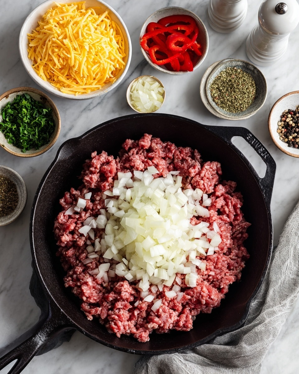 The image shows a black cast iron pan filled with raw ground meat. On top of the meat is a pile of chopped white onions, roughly in the center of the pan. Around the pan on a white marbled surface are small bowls with various colorful ingredients such as shredded yellow cheese, red peppers, a small bowl with chopped green herbs, and spices in small white dishes. A pair of pepper grinders are also visible behind the pan. Photo taken with an iphone --ar 4:5 --v 7