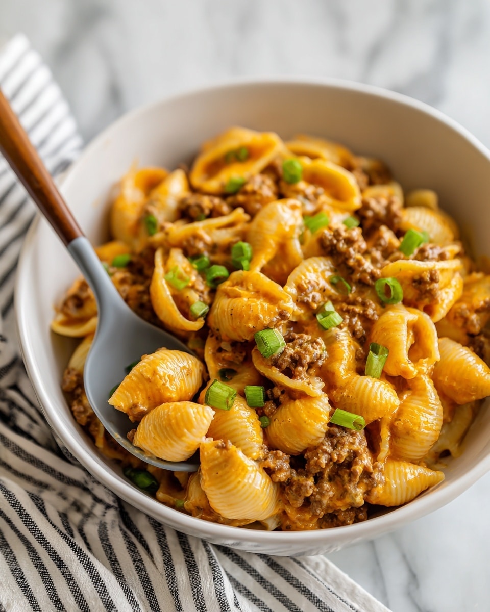 A close-up of a white bowl filled with three layers: the base layer is small shell pasta in a creamy orange cheese sauce, the middle layer has browned ground meat mixed evenly with the pasta, and the top layer is garnished with chopped green onions scattered in small pieces. A gray spoon with a wooden handle is scooping some pasta from the bowl, which sits on a white marbled surface with a striped white and black cloth nearby. photo taken with an iphone --ar 4:5 --v 7