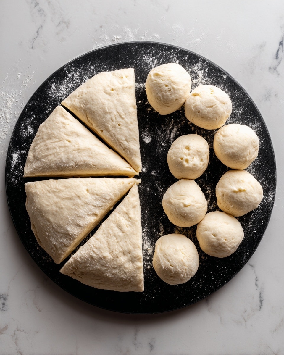 The image shows two stages of dough on a black round board with some flour sprinkled on it, placed on a white marbled surface. On the left side, there is one large round dough cut into eight triangular pieces, each piece light beige in color with a soft, slightly textured surface. On the right side, there are eight small round dough balls arranged loosely in a circle on the board, each ball smooth and light beige with a few small dimples. The contrast between the two dough shapes and the flour sprinkled around creates a clear view of the dough preparation process. Photo taken with an iphone --ar 4:5 --v 7