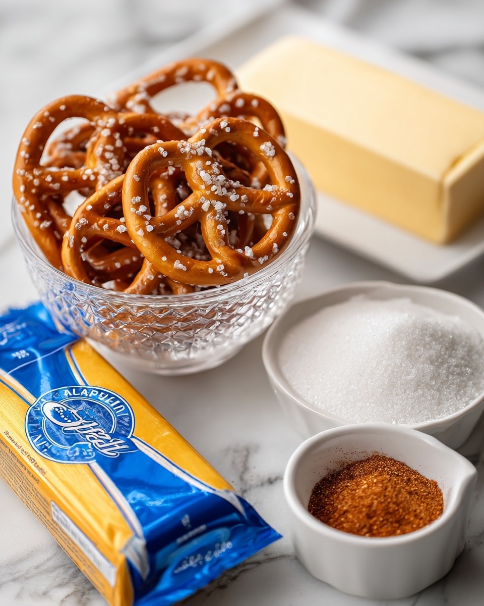 The image shows a clear glass measuring cup filled with golden brown salted pretzels with visible salt crystals on top, placed on a white marbled surface. To the right, there is a small white bowl filled with white granulated sugar and in front of the pretzels is a stick of butter with blue and yellow packaging laying flat. In the foreground, a small white bowl contains a reddish-brown spice, likely cinnamon or paprika. The photo is sharp and well-lit, taken with an iphone --ar 4:5 --v 7
