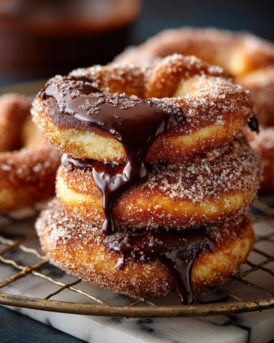 A close-up of several cinnamon sugar-coated soft pretzels stacked on a metal cooling rack over a white marbled surface, with the top pretzel partially dipped in dark, shiny chocolate dripping slowly down its side, showing the rough texture of sugar crystals and the golden-brown baked dough underneath, the background blurred with round dark shapes, photo taken with an iphone --ar 4:5 --v 7