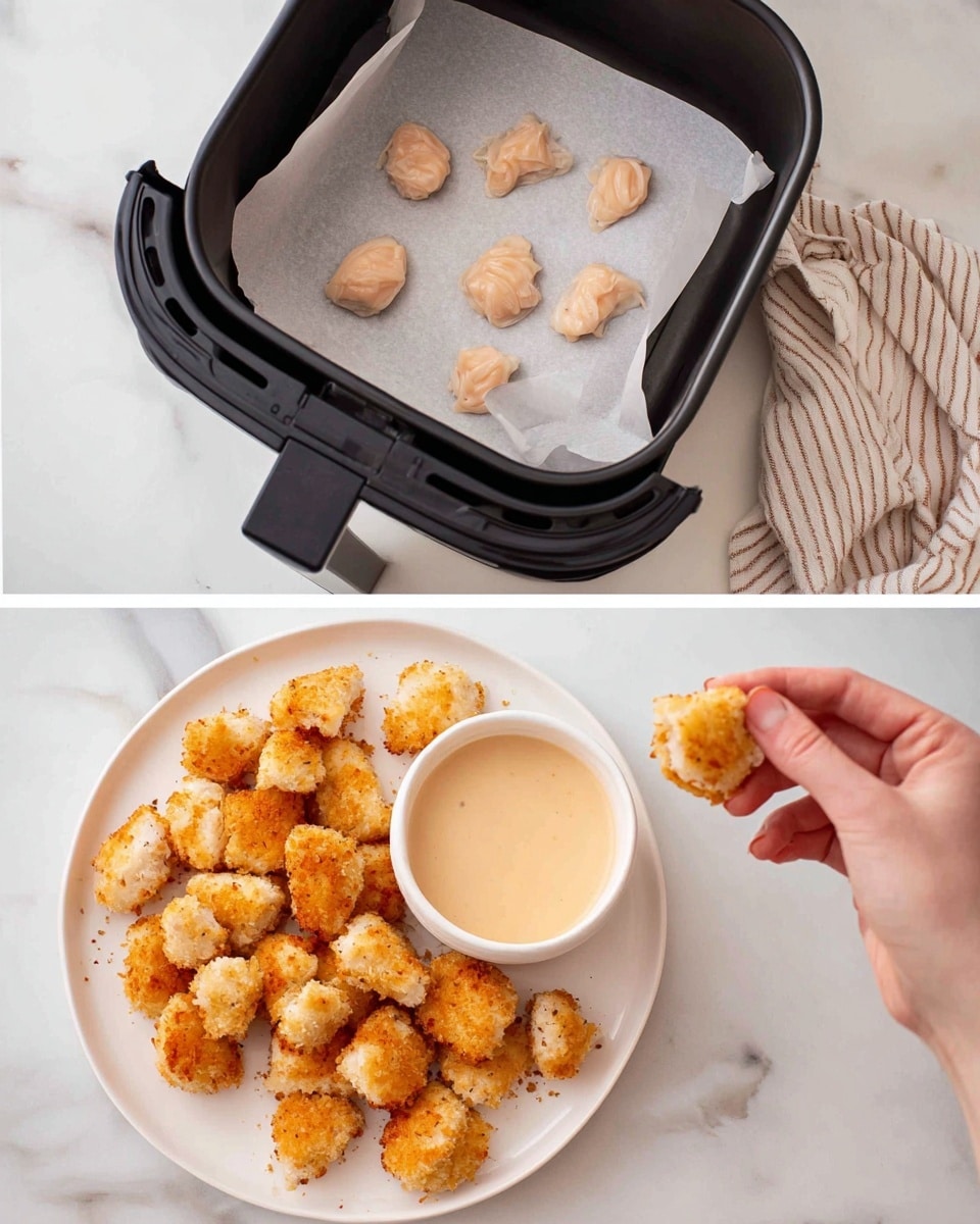 The image shows a three-step cooking process. The top part features small pieces of raw chicken breast placed on white parchment paper inside a black air fryer basket. Below on the left, golden-brown cooked chicken bites are arranged around a shallow, white bowl of creamy, light beige dipping sauce on a white marbled surface. On the right, the same golden chicken bites are neatly placed on a large white plate around a small white cup filled with sauce, with a woman's hand holding a chicken bite above the plate. Photo taken with an iphone --ar 4:5 --v 7