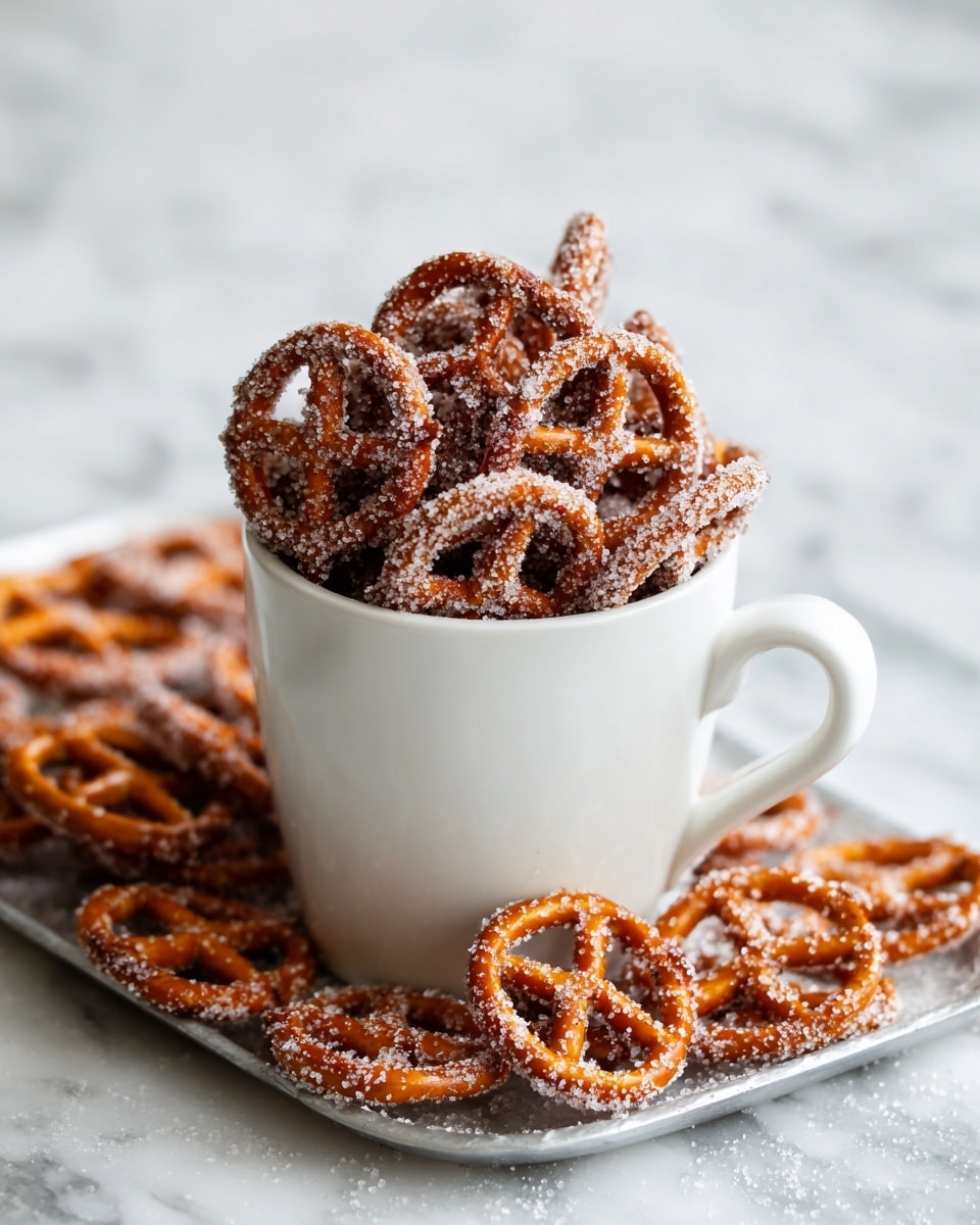 A tall white cup filled with small pretzels covered in a layer of sugar and cinnamon, making the pretzels look slightly shiny and textured. Behind the cup, many more sugar-coated pretzels are spread out on a tray, showing a mix of orange-brown pretzels with a rough sugar coating. The whole setting sits on a white marbled surface that adds a clean and elegant look to the image. photo taken with an iphone --ar 4:5 --v 7