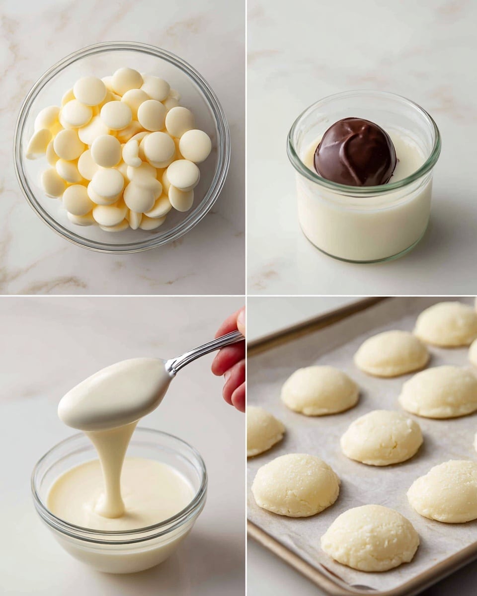 The image shows a step-by-step process of making white chocolate covered cookies in a four-panel collage. The top left panel has a clear glass bowl filled with small, round white chocolate discs that are smooth and shiny. The top right panel displays a clear glass cup with one dark chocolate cookie sitting in white melted chocolate, which looks creamy and smooth. The bottom left panel shows a close-up of a spoon covered in thick white melted chocolate being held above the same glass cup. The bottom right panel features six round cookies fully coated in white chocolate arranged on a baking sheet with a slightly rough texture, all placed on a white marbled surface. photo taken with an iphone --ar 4:5 --v 7