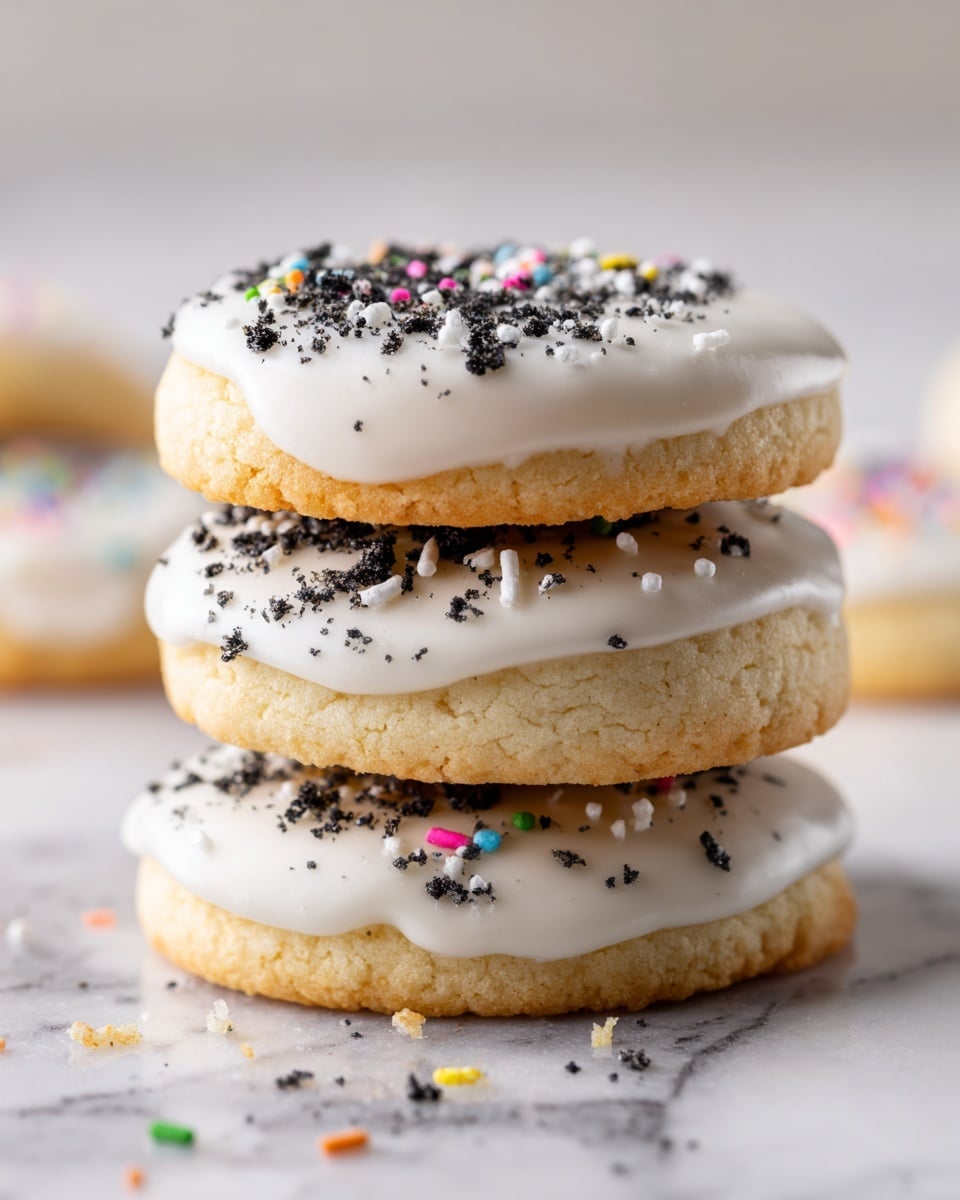 A stack of three round cookies covered in smooth white icing sits on a white marbled surface. Each cookie is evenly coated with the icing, and the top cookie is sprinkled with small black and white crumbles. There are a few colorful sprinkles visible peeking out between the layers and scattered crumbs around the base of the stack. The background is softly blurred, keeping the focus on the neat, glossy cookies in the center. photo taken with an iphone --ar 4:5 --v 7