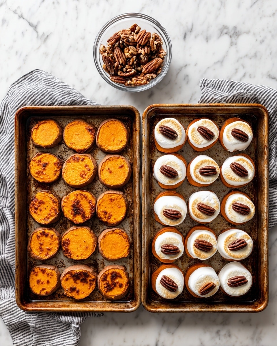 The image shows two side-by-side photos of a metal baking tray on a white marbled surface. Both sides have small stacks made of two layers: the bottom layer is round slices of bright orange roasted sweet potato, and the top layer is a thick white marshmallow. On the right photo, the marshmallows are toasted to a golden brown on top, and each marshmallow has a dark brown pecan placed on it. In the top corners of the photo, there is a clear glass bowl with pecans and a black and white striped cloth. The baking tray has brown roasted spots and slight grease marks, giving a rustic and warm feeling. Photo taken with an iphone --ar 4:5 --v 7