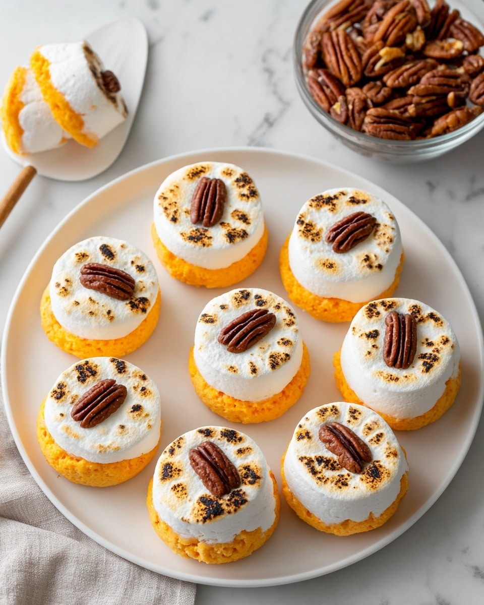 The image shows nine small round treats arranged on a white plate over a white marbled surface. Each treat has a bright orange bottom layer that is smooth and round. On top of this orange layer is a fluffy white toasted marshmallow layer that is slightly uneven with golden-brown spots from toasting. In the center of each marshmallow layer, there is a single whole pecan placed horizontally, adding a dark brown, ridged texture as a third layer. A white spatula holds one treat at the edge of the plate. In the background, there is a clear bowl filled with whole pecans. Photo taken with an iphone --ar 4:5 --v 7