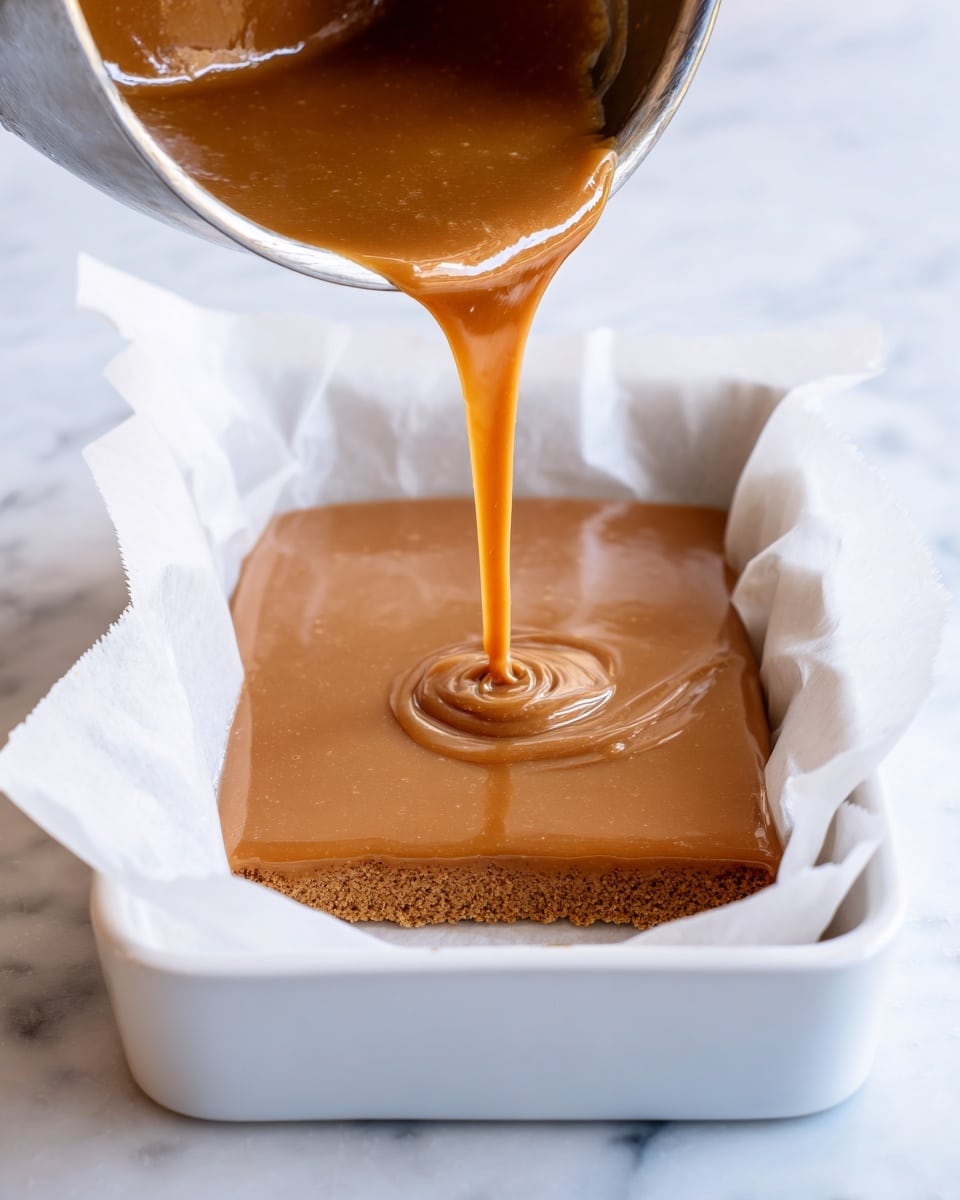 A white rectangular pan lined with parchment paper is placed on a white marbled surface. A light brown, smooth and thick liquid is being poured from a metal pot into the pan, filling it up evenly. The liquid has a shiny, slightly glossy texture and spreads across the pan’s base, creating a flat and level layer. The photo is focused on the pouring action, showing the flow of the caramel-colored mixture as it lands and spreads. photo taken with an iphone --ar 4:5 --v 7