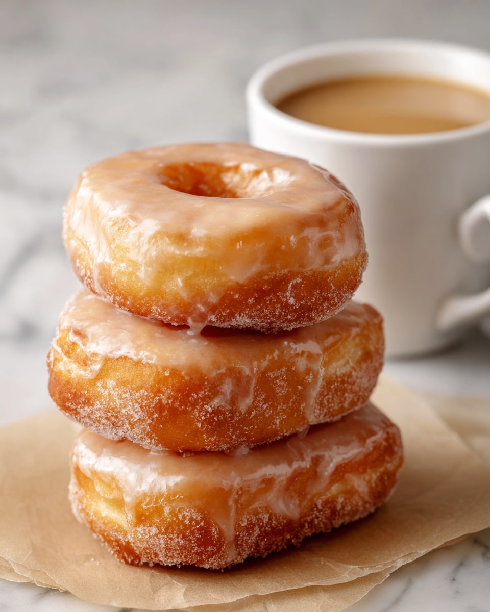 Three rectangular glazed donuts stacked on top of each other on a piece of parchment paper, each donut shiny and golden brown with a smooth sugary glaze that catches the light. Behind the donuts, there is a small white bowl filled with a light brown sauce. The whole scene sits on a white marbled surface. Photo taken with an iphone --ar 4:5 --v 7
