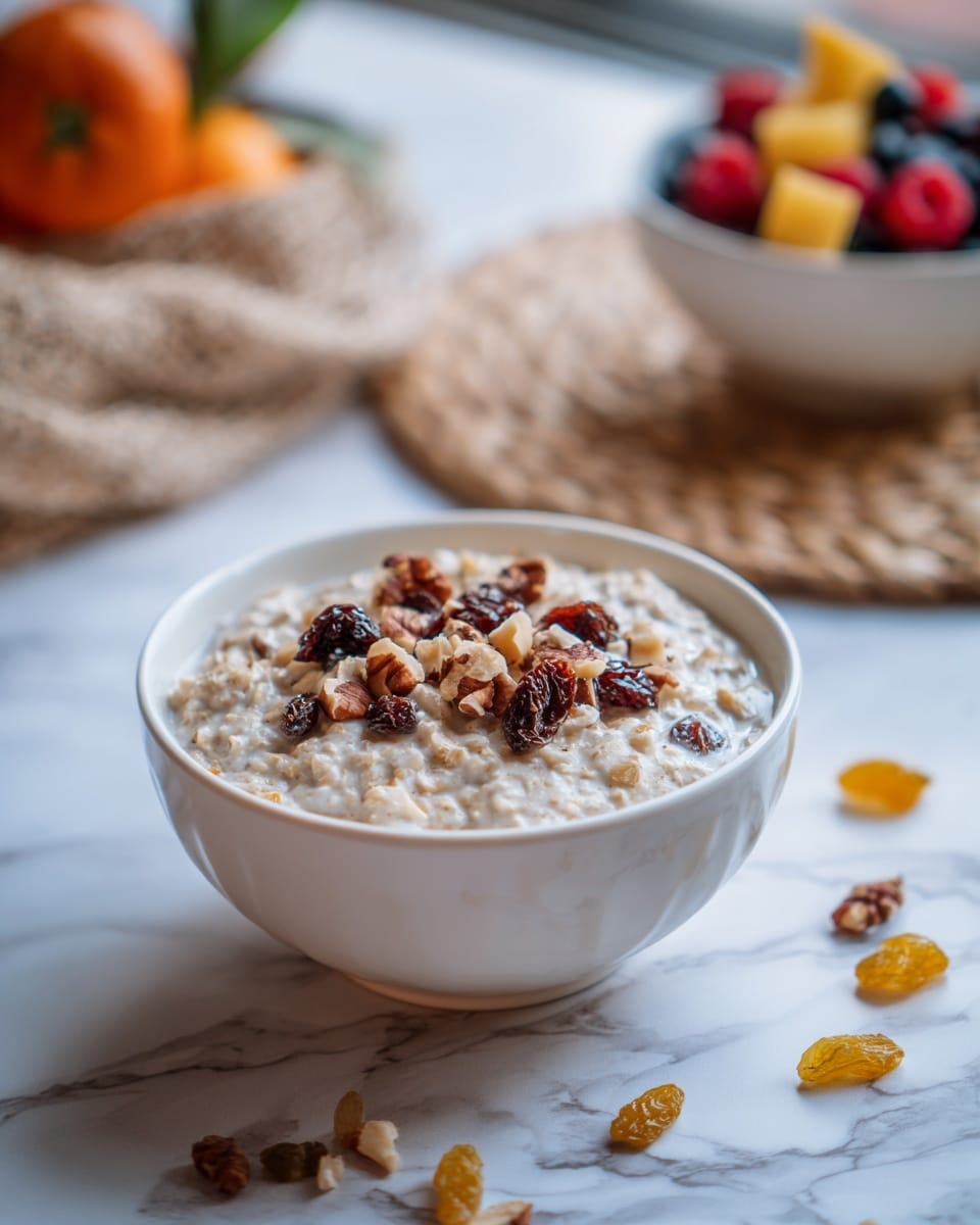 A white bowl sits on a white marbled surface filled with a creamy oat dish. The bowl shows one main layer of oatmeal mixed with milk, topped with chopped brown nuts scattered unevenly. In the blurred background, a white bowl filled with colorful berries and orange fruit is visible on a natural woven surface. Nearby, small pieces of nuts and golden raisins are scattered on the white marbled surface. Photo taken with an iphone --ar 4:5 --v 7