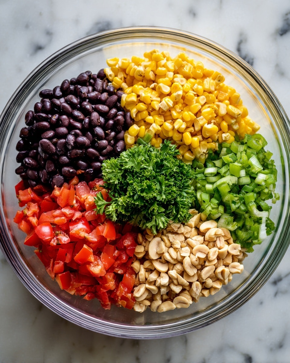 A clear round bowl with five sections of food arranged separately inside. One section has small black beans, another has bright yellow corn kernels, a third section has diced red tomatoes, a fourth section has small green onion pieces, and the last section has chopped light beige nuts. In the center, there is a small bunch of green leafy parsley. The bowl is on a white marbled surface. photo taken with an iphone --ar 4:5 --v 7