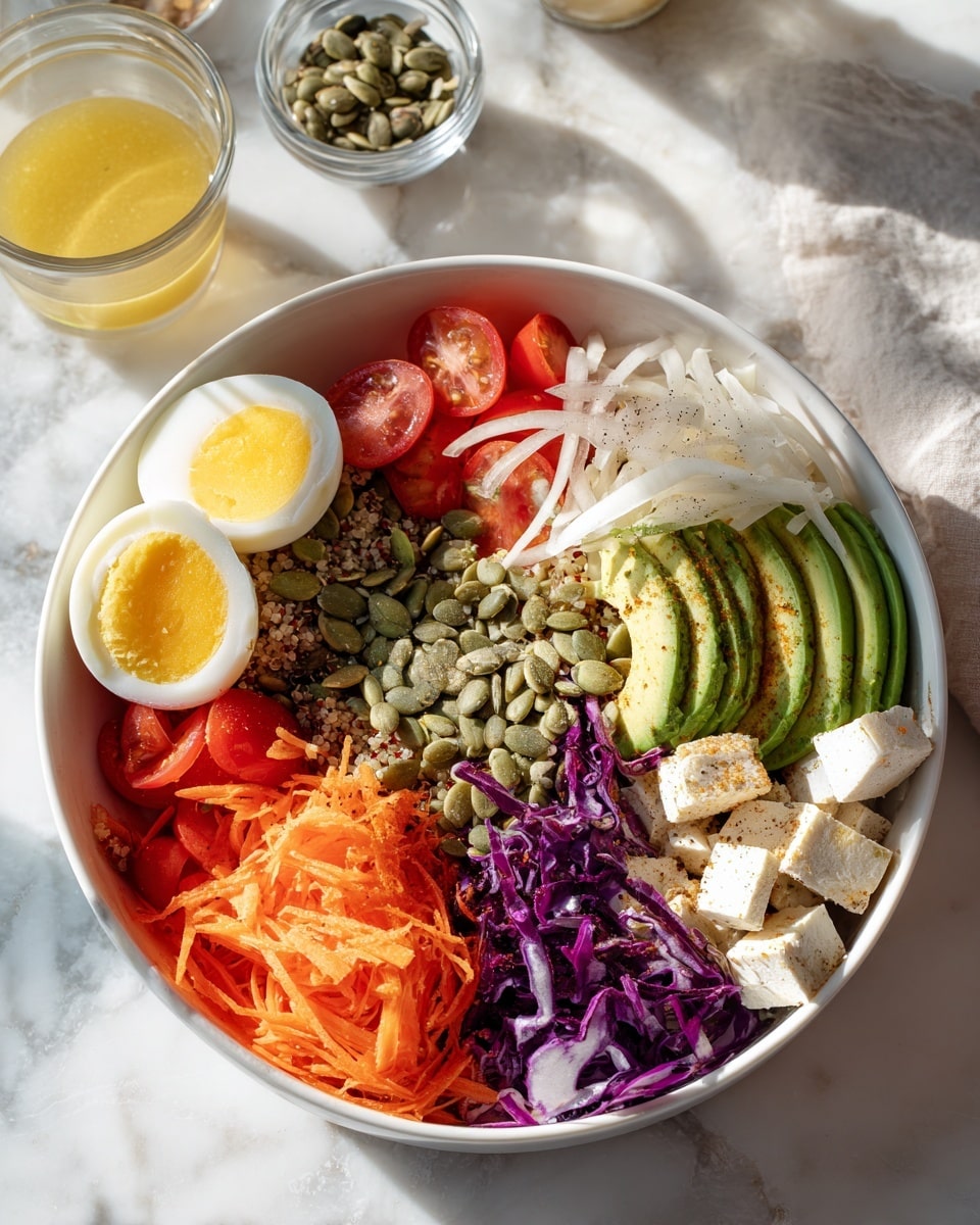 A white bowl on a white marbled surface filled with a colorful salad arranged in layered sections. Starting from the left, there are two halved boiled eggs with bright yellow yolks, followed by a pile of green broad beans. Next is a layer of red grape tomatoes, then a thick layer of thinly shredded orange carrots. At the center, a heap of green pumpkin seeds sits on shredded purple cabbage. To the right of the seeds, there is a fan of sliced avocado sprinkled with seasoning, piled on more purple cabbage. Above the avocado are small cubes of light beige tofu. Thin, white strips of onions are placed on top of the avocado. At the back of the bowl, there is a base of light quinoa grains. In the background, there are two small glass bowls, one containing yellowish dressing and the other more pumpkin seeds. The bright sunlight enhances the colors and textures of each ingredient. Photo taken with an iphone --ar 4:5 --v 7