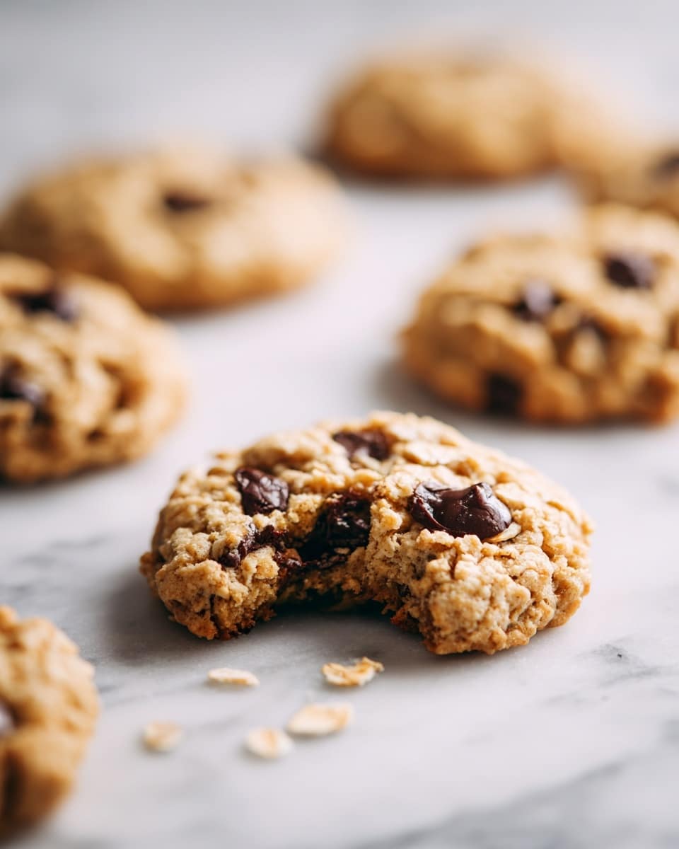 There are light brown oatmeal cookies with chocolate chips placed on a metal cooling rack on the left side of the image. The cookies have rough, bumpy textures with dark brown chocolate chips spread on their tops. To the right, there is a white bowl filled with light beige rolled oats. Below and around the bowl and rack, more oatmeal cookies are scattered directly on a white marbled surface. A soft pink cloth is partly visible at the bottom left corner. The scene is brightly lit and evenly focused. photo taken with an iphone --ar 4:5 --v 7