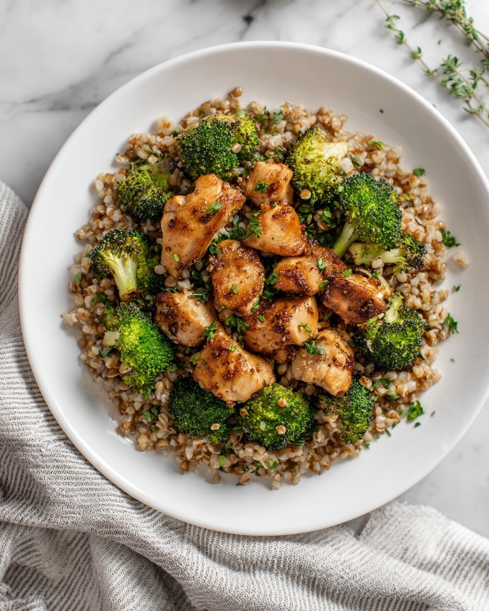 A white round plate filled with a mix of cooked grains at the bottom, light brown with a chewy texture, topped with pieces of grilled, golden-brown chicken arranged evenly. Bright green steamed broccoli florets are scattered across the dish, adding a fresh look. The plate sits on a white marbled surface with a soft gray and white striped cloth nearby. photo taken with an iphone --ar 4:5 --v 7