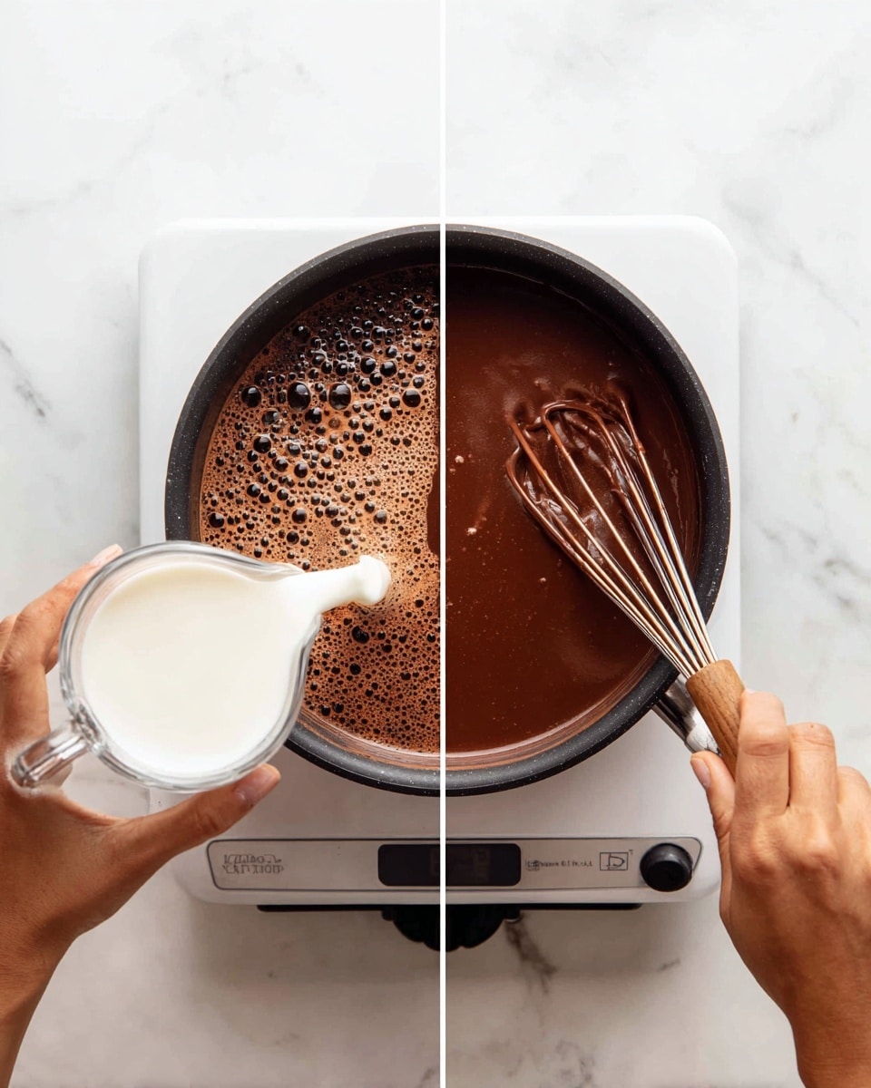 The image shows two side-by-side scenes of cooking in a black pot on a white electric stove against a white marbled surface. On the left, a woman's hand pours white milk from a clear measuring cup into a pot containing a dark brown cocoa mixture with bubbles on the surface. On the right, the same pot is stirred by a woman's hand holding a whisk with a wooden handle, mixing a smooth, thick, dark chocolate liquid with small bubbles evenly spread on top. photo taken with an iphone --ar 4:5 --v 7