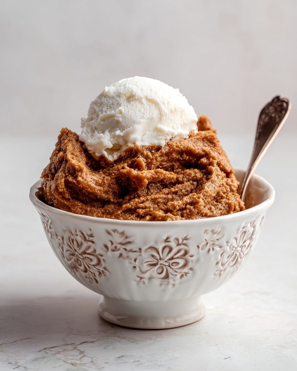 A close-up image of a bowl filled with a thick, lumpy brown dish that looks moist and creamy in texture. The bowl is white with intricate floral patterns around its surface. On one side of the bowl, there is a scoop of white ice cream resting against the brown dish. The whole setup is placed on a white marbled surface with a bright, clean background. photo taken with an iphone --ar 4:5 --v 7