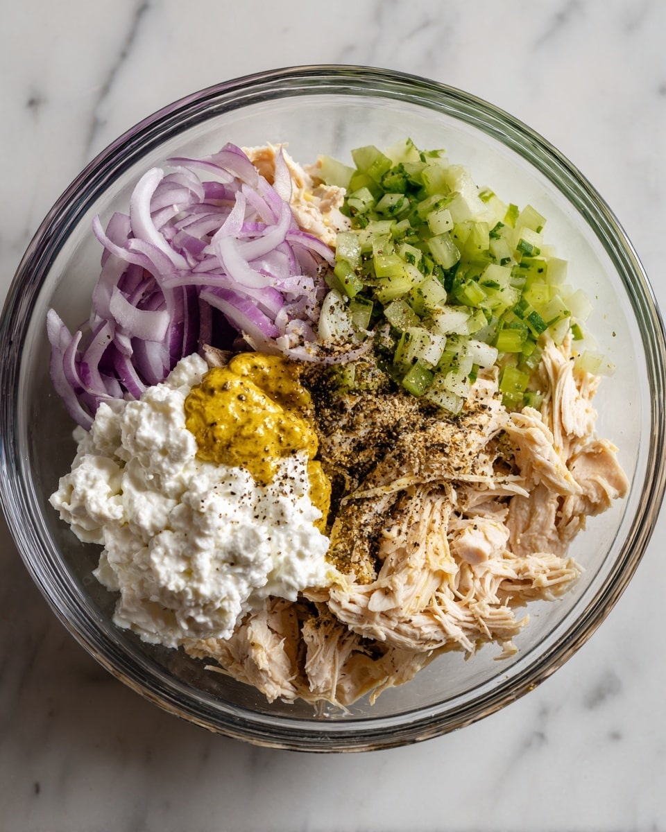 A clear glass bowl holds a layered mix of ingredients starting with shredded light beige chicken pieces at the bottom right, topped with a dollop of thick white cottage cheese in the bottom left. Above the cottage cheese is a small smear of yellow mustard. Thin slices of purple-red onion are scattered near the top left, and finely chopped light green celery pieces fill the top right of the bowl. A sprinkle of black pepper lightly covers the center, blending into the chicken and onions, all set against a white marbled surface. Photo taken with an iphone --ar 4:5 --v 7
