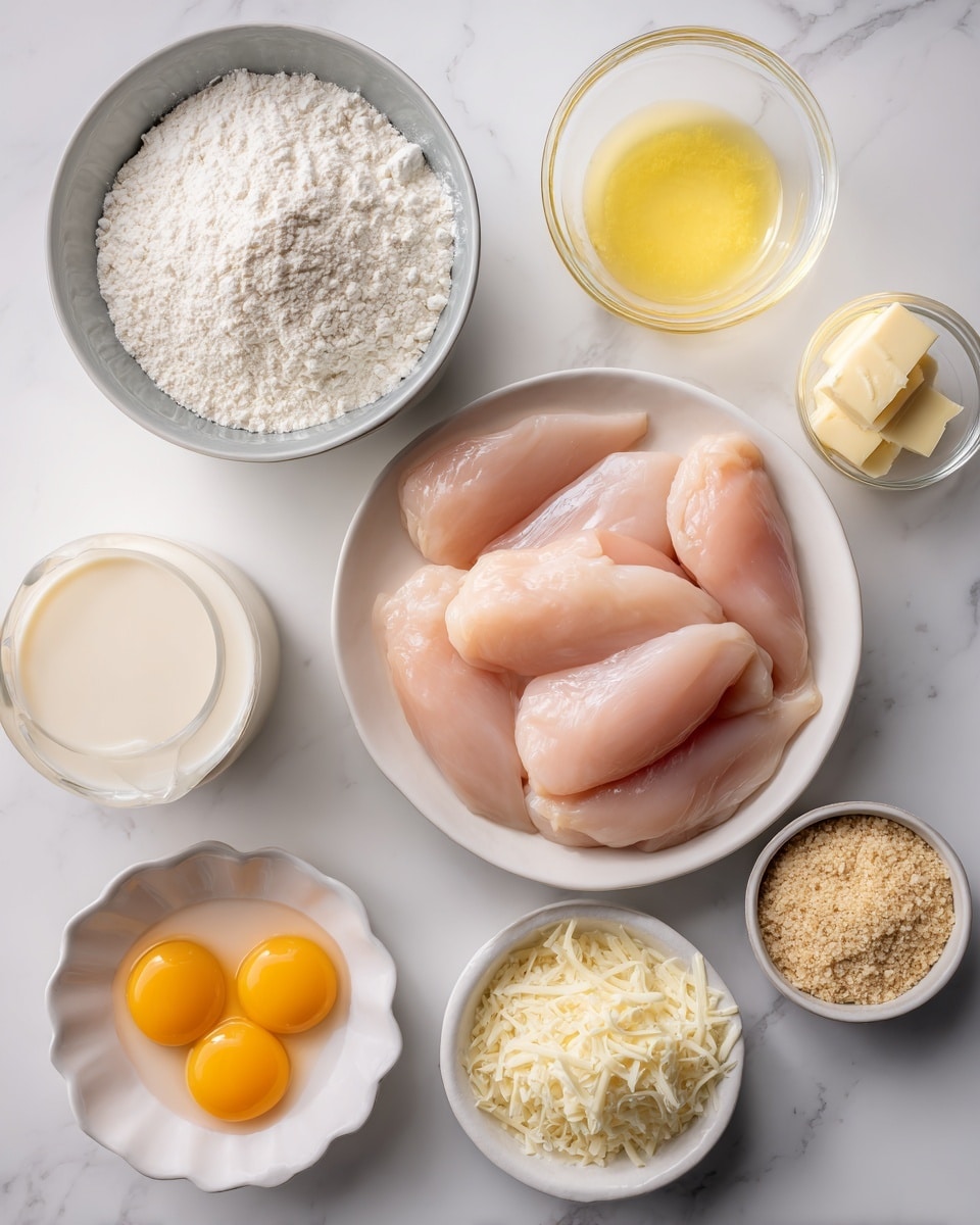 The image shows a white marbled surface with several bowls arranged around a bigger bowl in the center. The center bowl holds six raw skinless chicken tenders, pale pink in color, neat and slightly glossy. To the top left, a gray bowl is filled with white flour, while a small clear glass bowl with melted yellow butter sits above the chicken. To the right of the butter, a white bowl contains light brown breadcrumbs with a coarse texture. At the bottom left, there is a beige container with white milk, and next to it, a white scalloped bowl holds two raw eggs with bright yellow yolks. At the bottom right, a small white bowl holds finely grated white cheese. All elements are well spaced on the white marbled surface, creating a clean, bright kitchen prep scene, photo taken with an iphone --ar 4:5 --v 7