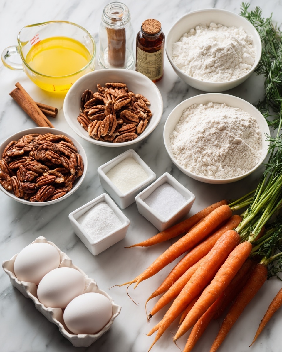 A collection of baking ingredients is arranged on a white marbled surface. In the back row, there is a clear measuring cup filled with a yellow liquid, a bottle of vanilla extract, and a jar of cinnamon. In the middle row, from left to right, there is a white bowl filled with pecans, a white bowl with white sugar, and a white bowl with brown sugar, followed by a larger white bowl full of flour. In front, three white eggs are placed next to three small square white dishes containing baking soda, salt, and baking powder. On the right side, a bunch of fresh orange carrots with green stems lies on the surface. photo taken with an iphone --ar 4:5 --v 7