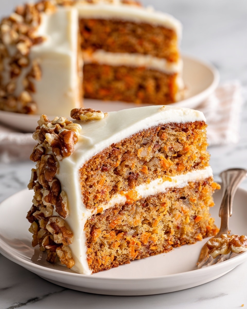 A close-up of a two-layer carrot cake slice on a white plate, with the cake layers having a light brown color mixed with small orange bits and pieces of nuts inside. Between and around the layers, there is a thick, creamy white frosting. The side of the cake is decorated with large walnut pieces embedded in the frosting. The background shows a white marbled surface with a blurred second slice on another white plate. photo taken with an iphone --ar 4:5 --v 7