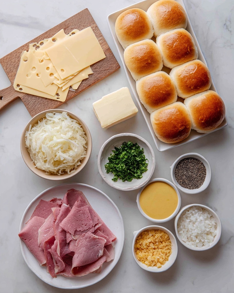 The image shows ingredients for a sandwich arranged neatly on a white marbled surface. On the top right, there is a white rectangular tray holding a set of soft, golden-brown sandwich rolls with slight cracks on the top. Below, a white plate holds thin slices of raw pink roast beef with visible marbling. To the top left, slices of pale yellow Swiss cheese with holes lay on a wooden cutting board. Centered in the image is a block of unsalted butter with its wrapper partly open. On the left side, a beige bowl contains light-colored sauerkraut, with smaller white bowls around it holding fresh green parsley, mustard sauce of mustard yellow color, poppy seeds in dark gray, deli-style chopped onion flakes in pale beige, and a creamy orange sauce. Everything is clearly presented in soft natural light. photo taken with an iphone --ar 4:5 --v 7