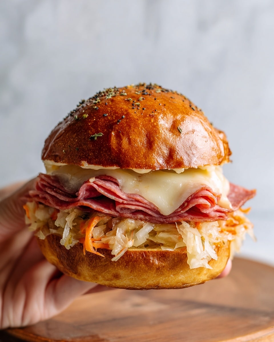 A close-up view of a sandwich held by a woman's hand shows three main layers inside a shiny golden-brown bun with black pepper specks on top. The bottom layer has creamy light orange spread with pieces of pickled vegetables, followed by a thick layer of soft pale sauerkraut with bits of herbs. Above that is a thick stack of folded thin slices of reddish-pink deli meat, slightly shiny with moisture. Between the meat and bun top is a layer of melted off-white cheese stretching slightly. The whole sandwich is on a wooden board, against a white marbled textured background. photo taken with an iphone --ar 4:5 --v 7
