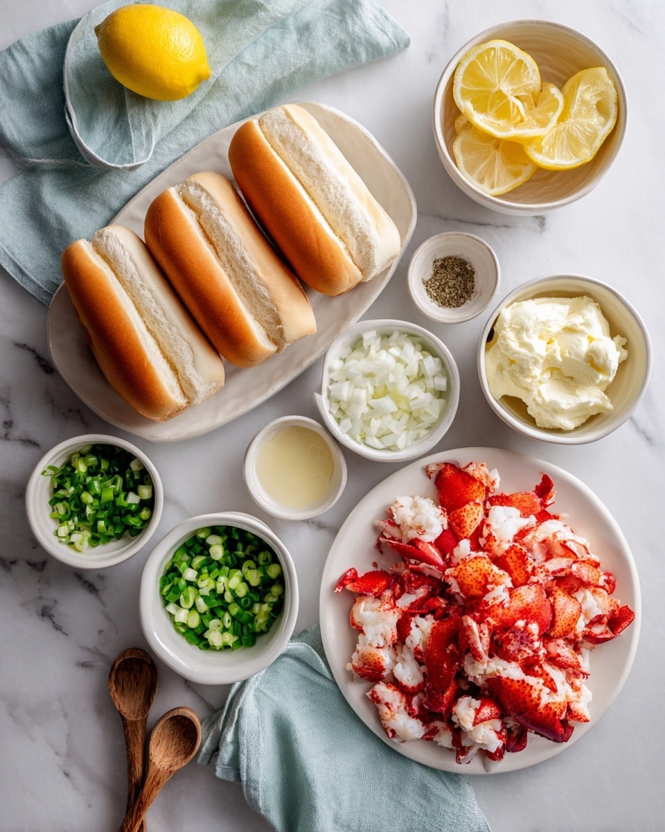 The image shows several ingredients arranged on a white marbled surface. There are three white hot dog buns placed to the side, along with a white bowl of diced green onions, a small white bowl with lemon slices, and a white plate with chopped raw lobster meat, bright red with white accents. Nearby, there are several small white bowls containing softened butter, minced garlic, finely chopped shallots, a creamy liquid, and green herbs. Three small wooden spoons are placed with spices inside. A woman's hand holds a lemon in the top left corner, and a light blue cloth is folded next to the lemon. The colors are bright and fresh, emphasizing the natural textures of the ingredients. Photo taken with an iphone --ar 4:5 --v 7