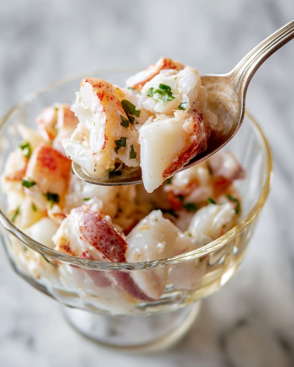 This image shows a close-up of a mixture in a clear glass bowl sitting on a white marbled surface. The mixture has large, chunky pieces of white and light pink seafood, likely lobster, which have a slightly shiny texture. Scattered among the seafood are small green herb pieces, adding a fresh color contrast. A silver spoon is partially inserted into the bowl, lifting some of the mixture. The background is softly blurred, focusing attention on the textures and colors of the seafood and herbs. photo taken with an iphone --ar 4:5 --v 7