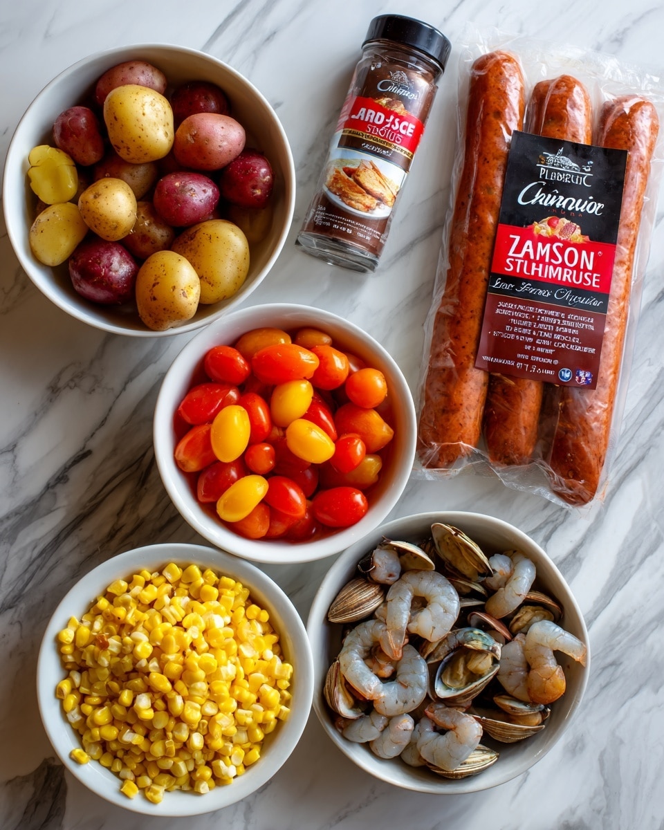 The image shows a variety of food ingredients arranged on a white marbled surface. There are five white bowls, each containing different items: the top left bowl has a mix of red and yellow small potatoes, the middle bowl holds bright red and orange cherry tomato halves, the bottom left bowl is filled with yellow corn cut into round pieces, the top right bowl contains brownish clams with some texture on the shells, and the bottom right bowl has peeled shrimp with tails on. In the center top area, there is a package of long, orange smoked sausage labeled